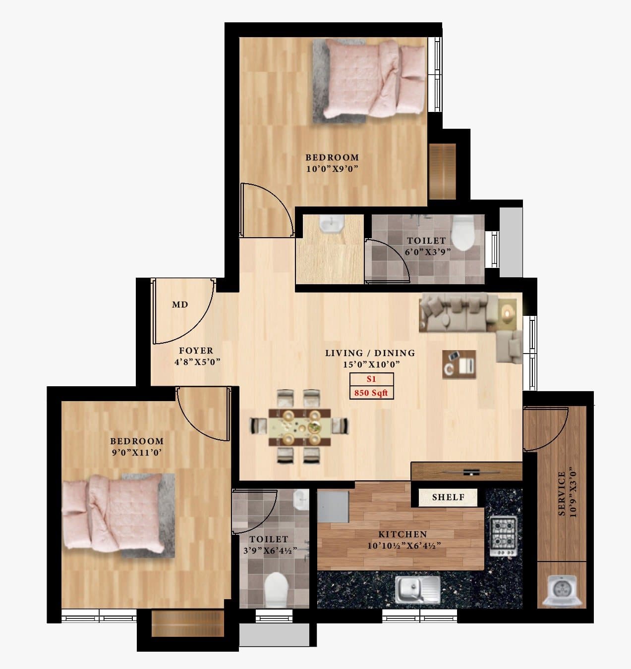 RoseLand floor plan 2 (published as 2 BHK, 850 sq.ft)