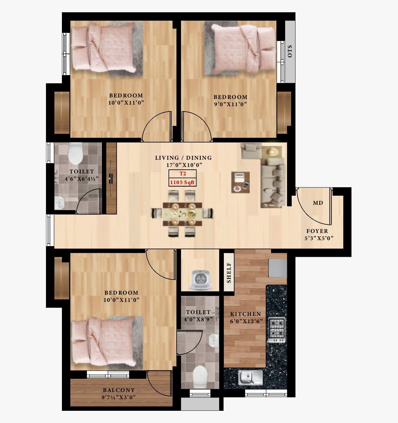 RoseLand floor plan 6 (published as 3 BHK, 1105 sq.ft)